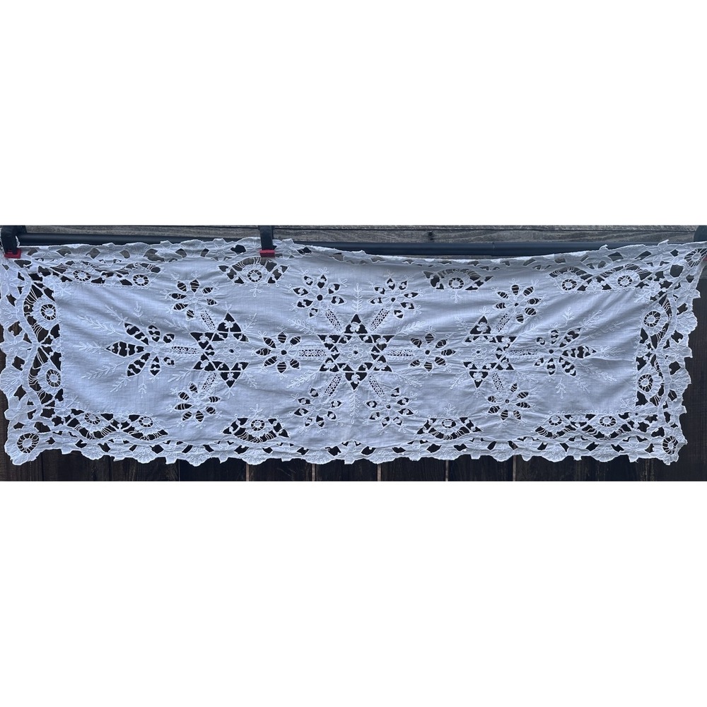 Vintage Hand Embroidered Cutwork Table Runner White Linen Floral 49 x 16